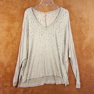 ANAMA Womens Top Small Tan Pullover Oversized Dolman Sleeve Distressed Holes